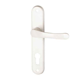 2 poignées de porte sur plaque CHAMROUSSE, Trou de cylindre - entrée - bureau - service, Finition aluminium blanc, Entraxe standard 165 mm