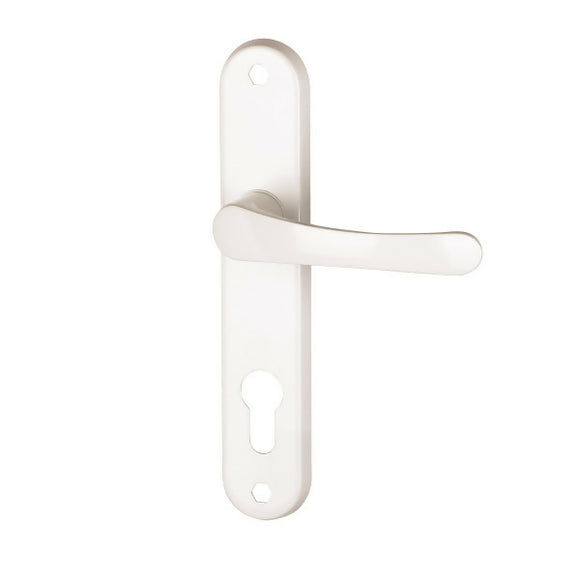 2 poignées de porte sur plaque CHAMROUSSE, Trou de cylindre - entrée - bureau - service, Finition aluminium blanc, Entraxe standard 165 mm