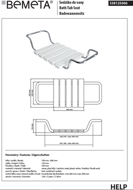 Siège de baignoire amovible et réglable HELP 74x32x13cm en acier inoxydable