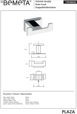 Patère double murale laiton chromé PLAZA 3,5x8x5 cm - 0