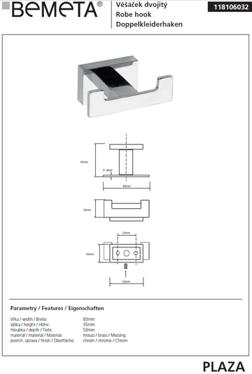 Patère double murale laiton chromé PLAZA 3,5x8x5 cm - 0