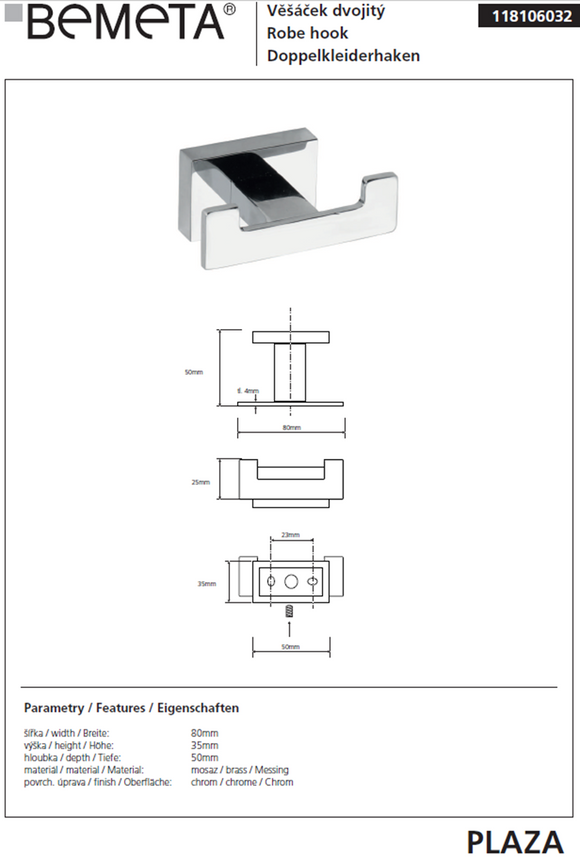 Patère double murale laiton chromé PLAZA 3,5x8x5 cm