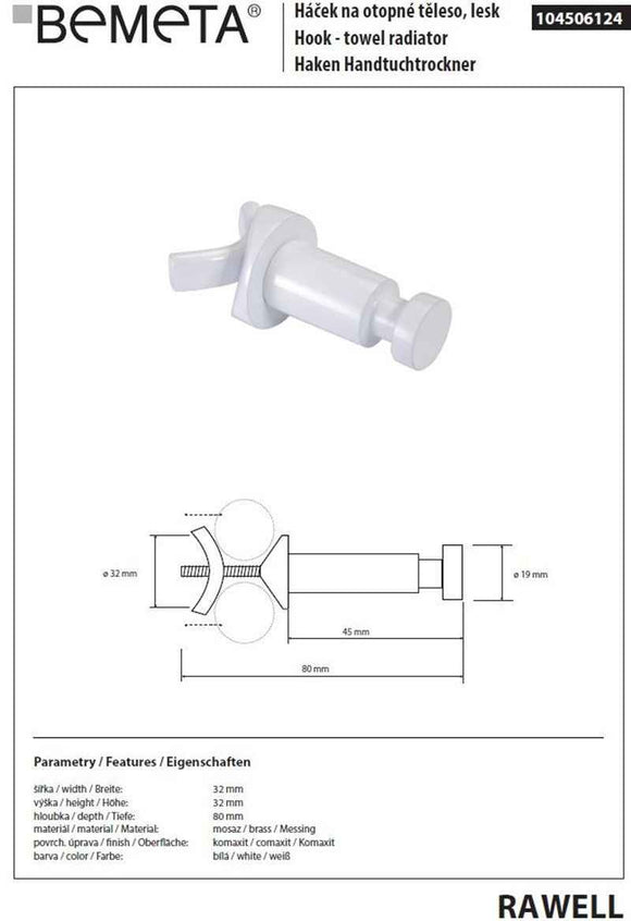 Patère blanche réglable RAWELL pour radiateur 3,2x3,2x8 cm