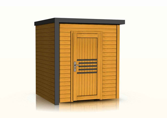 Abri de jardin moderne BRATEK à bardeau noir 203,8x201,9 H. 229 cm coloris mélèze