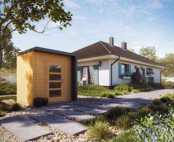 Abri de jardin moderne BRATEK à bardeau noir 203,8x201,9 H. 229 cm coloris chêne porte en verre