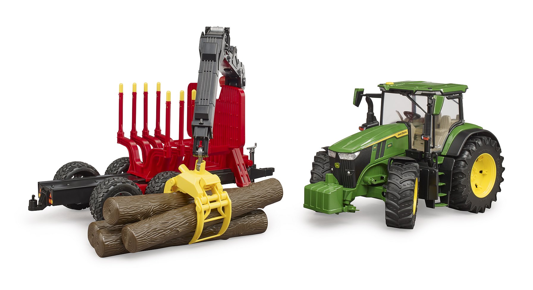 BRUDER John Deere 7R 350 avec remorque forestière et 4 troncs, 03154