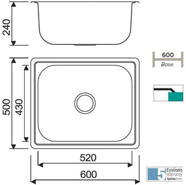 Évier 1 bac en acier inoxydable CASSIE avec bonde et siphon 60x50 cm