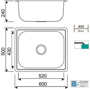 Évier 1 bac en acier inoxydable CASSIE avec bonde et siphon 60x50 cm