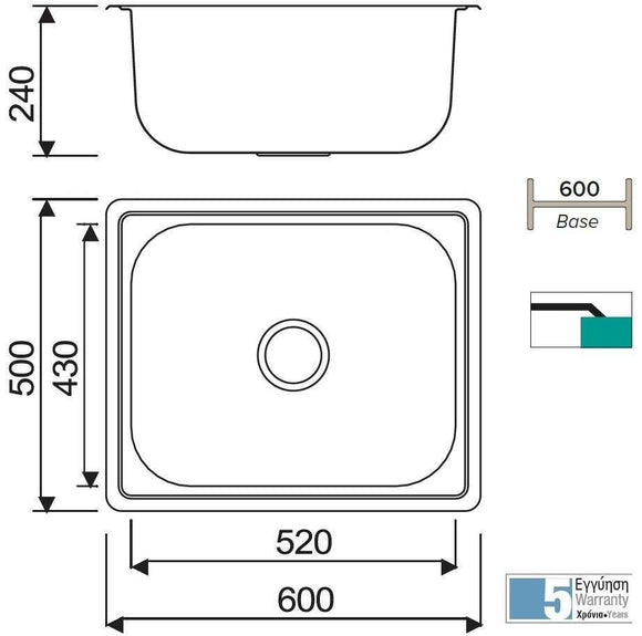Évier 1 bac en acier inoxydable CASSIE avec bonde et siphon 60x50 cm