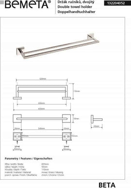 Porte-serviettes BETA en laiton chromé 65,5 x5,5 x 6,5 cm