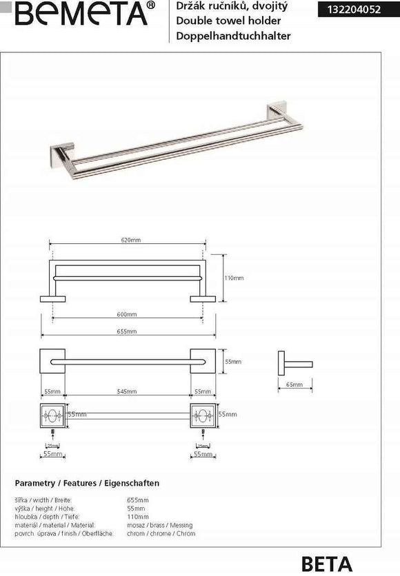 Porte-serviettes BETA en laiton chromé 65,5 x5,5 x 6,5 cm
