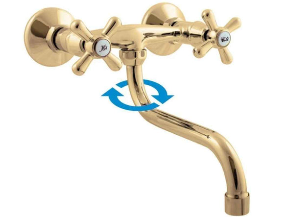 Mélangeur évier mural MORAVA bras pivotant laiton doré