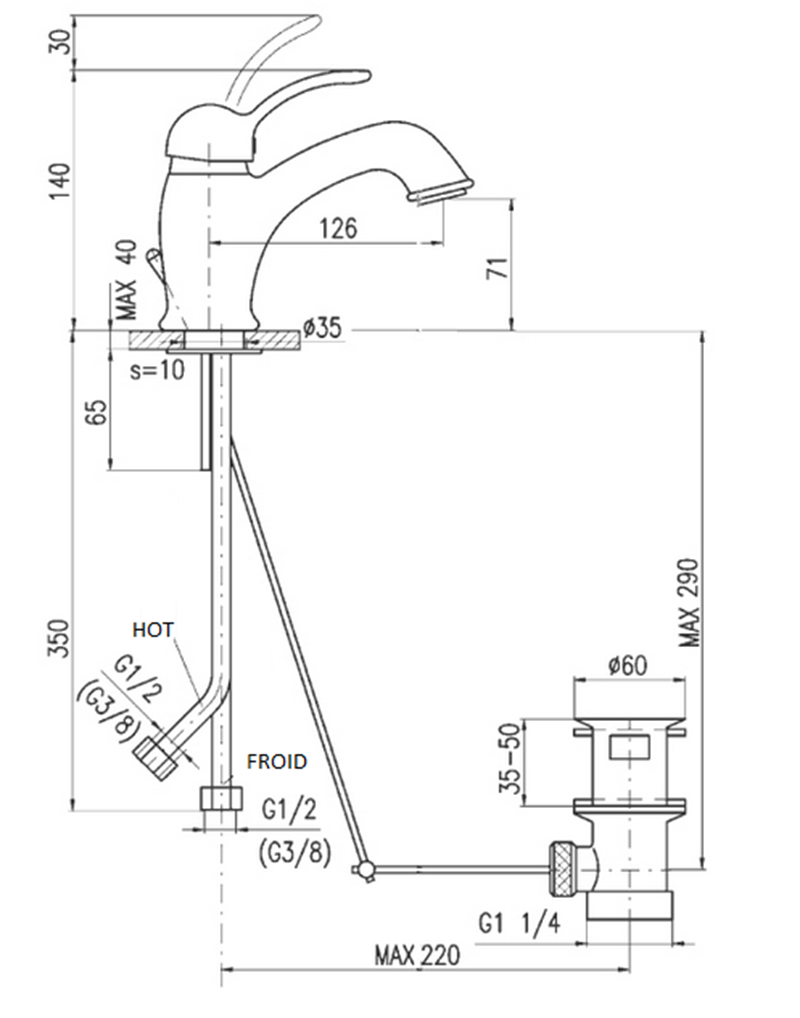 Mitigeur lavabo LABE en laiton bronze brossé avec pop-up