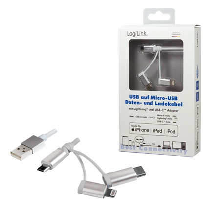 Câble d'alimentation et de données logilink téléphone 3 + 1 usb 2.0 t vers lightning t + micro-usb 2.0 t + usb 2.0 type-c t 1 m argent  cu0126  timbre vert 008 lei
