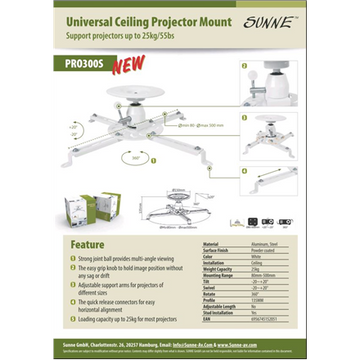 SUNNE by Elite Screens stropní držák pro projektory/ bílý/ vzdálenost od stropu 135 mm/ šíře projektoru až 500 mm - 0
