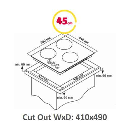 Simfer | Plaque de cuisson | H4.305.HGSSP | Gaz sur plaque vitrocéramique | Nombre de brûleurs/zones de cuisson : 3 | Boutons rotatifs | Noir