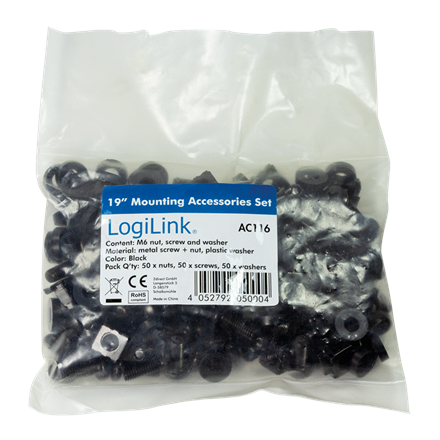 KIT de montage LOGILINK pour rack 19", contient 50 pièces : vis, rondelles, écrous, diamètre 6 mm (M6), acier, "AC116"