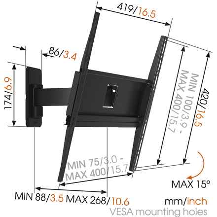 Vogels | Support mural | MA3030-A1 | Mouvement complet | 32-65 pouces | Capacité de charge maximale : 25 kg | Noir