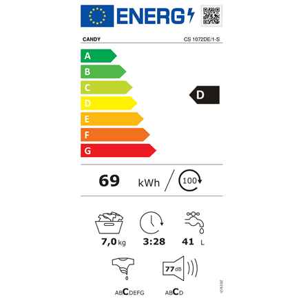 Candy | Washing machine | CS 1072DE/1-S | Energy efficiency class D | Front loading | Washing capacity 7 kg | 1000 RPM | Depth 49 cm | Width 60 cm | 2D | Near Field Communication (NFC) | White
