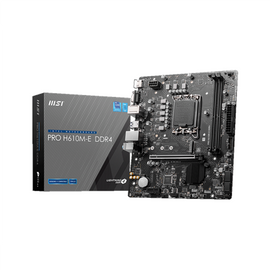 MSI | PRO H610M-E DDR4 | Processor family Intel | Processor socket LGA1700 | DDR4 DIMM | Memory slots 2 | Supported hard disk drive interfaces SATA, M.2 | Number of SATA connectors 4 | Chipset Intel H610 | Mirco-ATX
