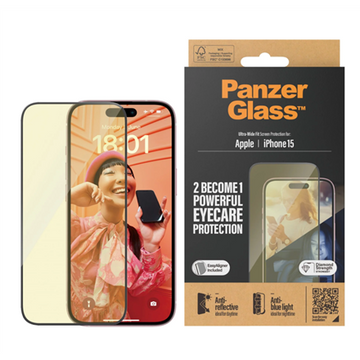 PanzerGlass | Screen protector | Apple | iPhone 15 | Glass | Clear | Ultra-Wide Fit; Easy installation; Fingerprint resistant; Anti-blue light; Anti-reflective; Anti-yellowing | Eyecare