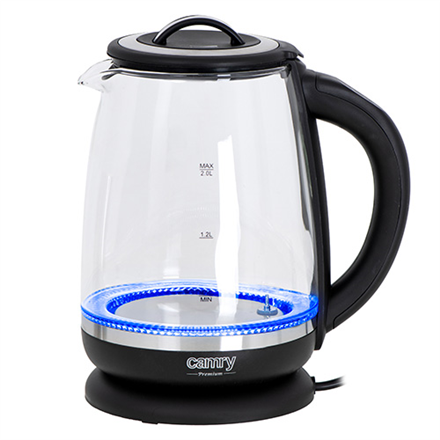 Camry | Bouilloire | CR 1290 | Standard | 2200 W | 2 L | Plastique/verre | Base rotative à 360° | Noir/Transparent