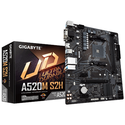 Carte mère gigabyte a520m s2h - compatible avec les processeurs amd ryzen série 5000 am4 vrm numérique pur 4+3 phases jusqu'à 5100 mhz ddr4 oc pcie 3.0 x4 m.2 gbe lan usb 3.2 gen 1