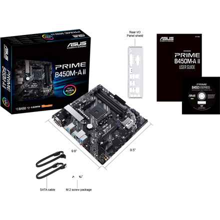 Asus | PRIME B450M-A II | Famille de processeurs AMD | Socket AM4 | DDR4 | Emplacements mémoire : 4 | Nombre de connecteurs SATA : 6 x SATA III | Chipset AMD B | Micro ATX