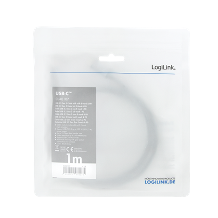 Logilink | USB 3.2 Gen 2 cable, C/M to C/M, 4K/60Hz, PD,alu | CUA0107 | USB-C to USB-C USB-C male | USB-C male