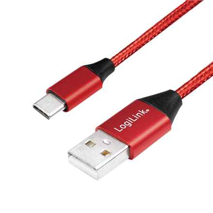 Câble d'alimentation et de données LOGILINK, pour smartphone, USB 2.0 (T) vers USB 2.0 Type-C (T), 1 m, câble tressé en coton de qualité supérieure, rouge, « CU0148 » (timbre vert 0,08 lei)