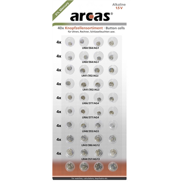 Arcas | AG Set (8xAG1, 8xAG3, 8xAG4, 8xAG13, 4xAG5, 4xAG12) | Alkaline Button Cell | 40 pc(s)