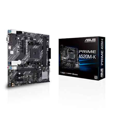 Asus | PRIME A520M-K | Famille de processeurs AMD | Socket de processeur AM4 | DDR4 | Emplacements mémoire : 2 | Interfaces de disque dur prises en charge : M.2, SATA | Nombre de connecteurs SATA : 4 | Chipset AMD A | Micro ATX