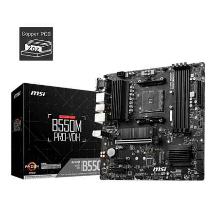 MSI B550M PRO-VDH, m-ATX, socket AM4, chipset AMD B550, 4 modules DIMM, DDR4 double canal jusqu'à 4 400 MHz (OC), 1 emplacement PCIe 4.0/3.0 x16, 2 emplacements M.2, 4 ports USB 3.2 Gen 1, 2 ports USB 2.0, 1 port HDMI, 1 port DP, 1 port VGA, 1 port LAN 1G