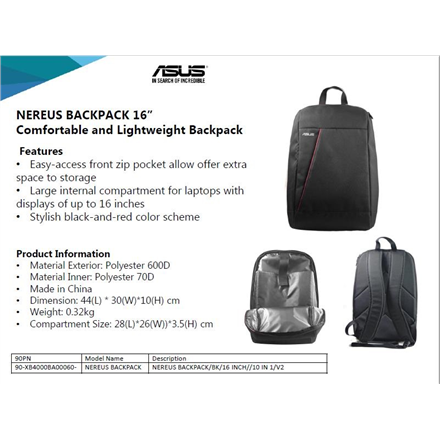 Asus | NEREUS | Convient aux ordinateurs jusqu'à 16 pouces | Sac à dos | Noir