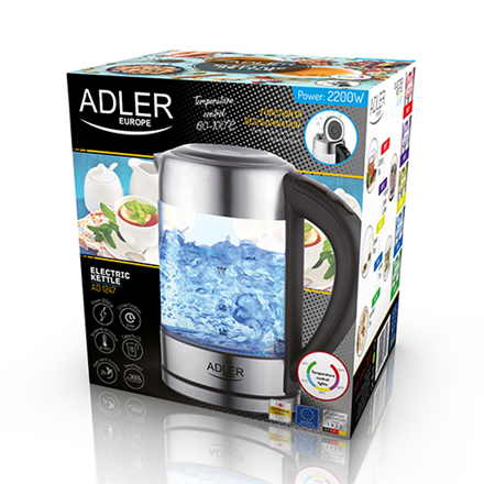 Adler | Bouilloire | AD 1247 NEUF | Avec commande électronique | 1850 - 2200 W | 1,7 L | Acier inoxydable, verre | Base rotative à 360° | Acier inoxydable/Transparent