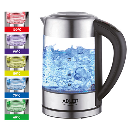 Adler | Bouilloire | AD 1247 NEUF | Avec commande électronique | 1850 - 2200 W | 1,7 L | Acier inoxydable, verre | Base rotative à 360° | Acier inoxydable/Transparent