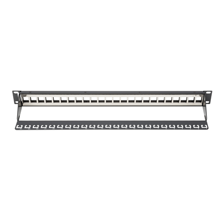 Panel krosowy (patch panel) modularny 19" 24 porty pod moduły keystone, 1U, ekranowany, prowadnica kabli, pola opisowe, czarny