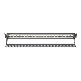 Panel krosowy (patch panel) modularny 19" 24 porty pod moduły keystone, 1U, ekranowany, prowadnica kabli, pola opisowe, czarny