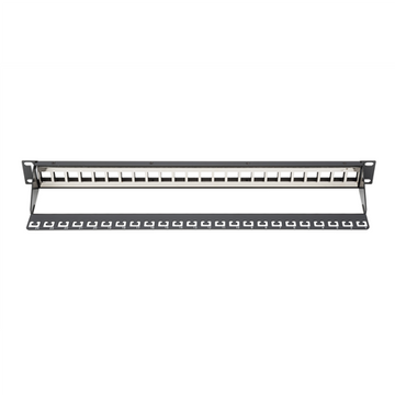 Panel krosowy (patch panel) modularny 19" 24 porty pod moduły keystone, 1U, ekranowany, prowadnica kabli, pola opisowe, czarny