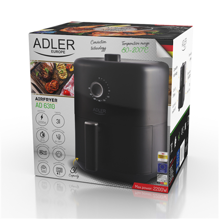 Adler | Airfryer | AD 6310 | Power 2200 W | Capacity 3 L | High-volume hot-air circulation technology | Black