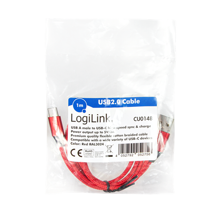 Câble d'alimentation et de données logilink pour smartphone usb 2.0 t vers usb 2.0 type-c t 1 m câble tressé en coton de qualité supérieure rouge  cu0148  timbre vert 008 lei