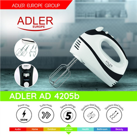 Adler | Mixer | AD 4205 b | Hand Mixer | 300 W | Number of speeds 5 | Turbo mode | White/Black - 0