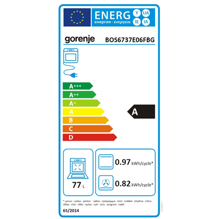 Gorenje  four  bos6737e06fbg  77 l  multifonction  ecoclean  commande mécanique  fonction vapeur  convection  hauteur 595 cm  largeur 595 cm  noir