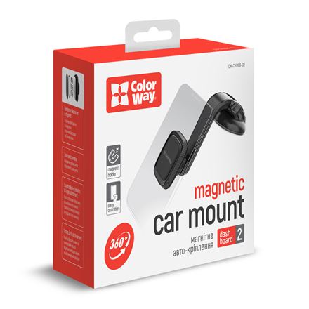 ColorWay | Magnetic Car Holder For Smartphone | Dashboard-2 | Adjustable | Magnetic | Gray | Panel or windshield mounting using a suction cup with a gel adhesive base. Fixing the smartphone with a plate that is glued to the case or to the back panel. Compact design, does not take up much space and does not obstruct the view. Wide compatibility with mobile devices. Full access to device buttons and connectors. Secure smartphone grip thanks to powerful neodymium magnets. | 360 °