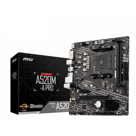 MSI Main Board Desktop A520M-A PRO (A520, AM4, 2xDDR4, 1x PCI-E 3.0 x16 slot,1x M.2 slot,4x USB 3.2 Gen1,2x USB 2.0,1x HDMI,1x DVI-D,Gigabit LAN,7.1 HD Audio, mATX, Retail)