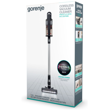 Gorenje | Vacuum cleaner Handstick 2in1 | SVC252FMBK | Cordless operating | Handstick and Handheld | 35 W | 25.2 V | Operating time (max) 45 min | Black | Warranty 24 month(s) | Battery warranty 12 month(s)