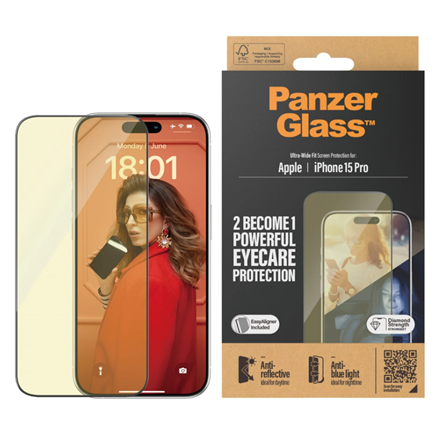 PanzerGlass | Protection d'écran | Apple | iPhone 15 Pro | Verre | Transparent | Ajustement ultra-large ; Installation facile ; Résistant aux traces de doigts ; Anti-lumière bleue ; Antireflet ; Anti-jaunissement | Soin des yeux