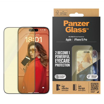 PanzerGlass | Protection d'écran | Apple | iPhone 15 Pro | Verre | Transparent | Ajustement ultra-large ; Installation facile ; Résistant aux traces de doigts ; Anti-lumière bleue ; Antireflet ; Anti-jaunissement | Soin des yeux