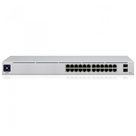 UBIQUITI Standard 24 PoE; (16) GbE PoE+, (8) GbE ports; (2) 1G SFP ports; 95W total PoE availability; Fanless, silent cooling.
