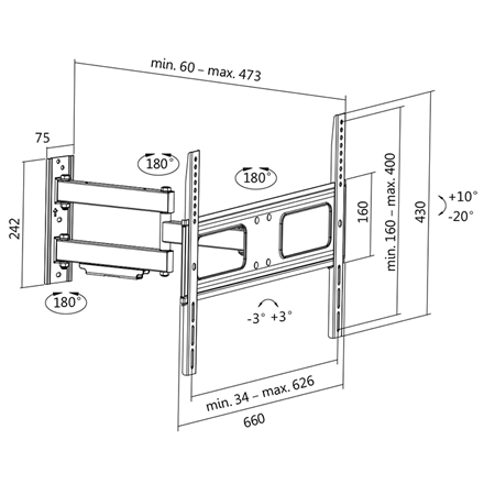Support mural pour téléviseur logilink bp0019 37"-70" inclinable de +10° à +20° pivotant de +-90° 473 mm  logilink  support mural  bp0019  37-70"  capacité de charge maximale : 50 kg  noir